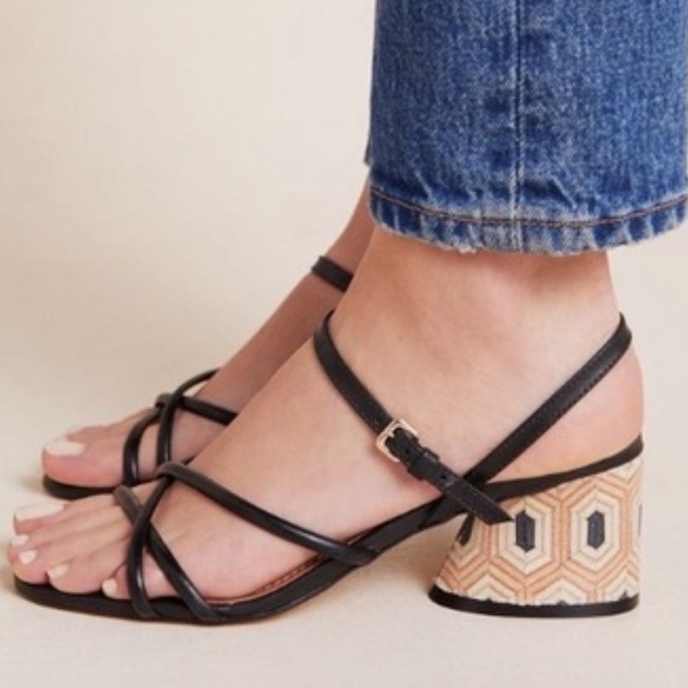 Anthropologie Helen strappy geometric wooden heel sandals size 38